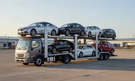Car transporter loaded with vehicles in St. Albans, West Virginia, United States