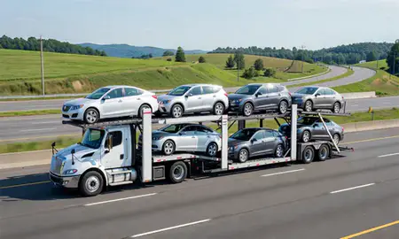 Multi-level car carrier on the highway to Teays Valley, West Virginia, United States