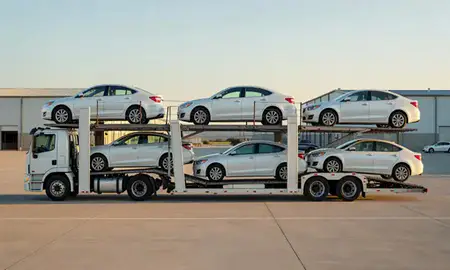 Car transporter parked in an industrial area of Teays Valley, West Virginia, United States