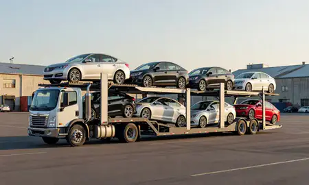 Car transporter loaded with vehicles in Teays Valley, West Virginia, United States