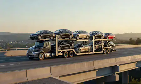 Car transporter with the Teays Valley, West Virginia, United States skyline behind it