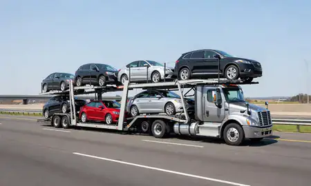 Multi-level car carrier on the highway to Vienna, West Virginia, United States