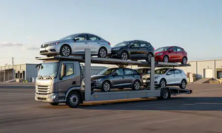 Car transporter loaded with vehicles in Vienna, West Virginia, United States
