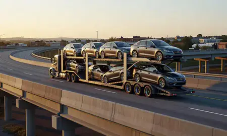 Car transporter with the Vienna, West Virginia, United States skyline behind it
