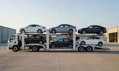 Car transporter parked in an industrial area of Weirton, West Virginia, United States