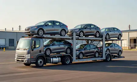 Car transporter loaded with vehicles in Weirton, West Virginia, United States
