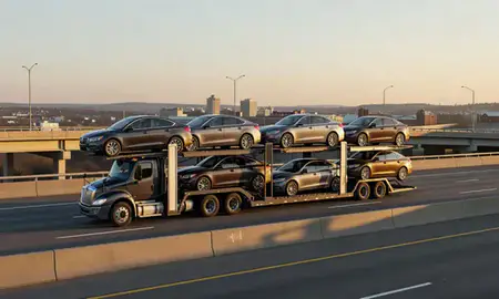 Car transporter with the Weirton, West Virginia, United States skyline behind it