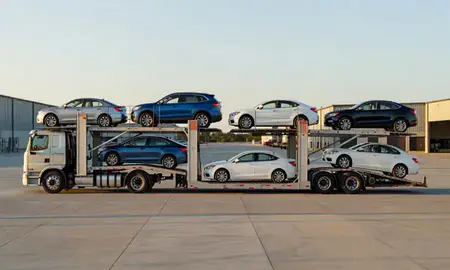 Car transporter parked in an industrial area of Wheeling, West Virginia, United States