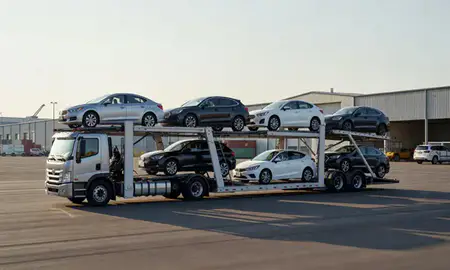 Car transporter loaded with vehicles in Wheeling, West Virginia, United States