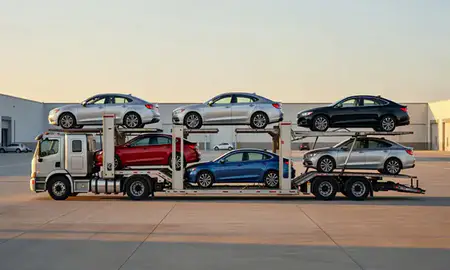 Car transporter parked in an industrial area of Wisconsin, United States