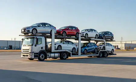 Car transporter loaded with vehicles in Wisconsin, United States