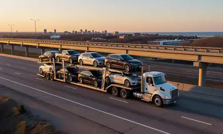 Car transporter with the Wisconsin, United States skyline behind it