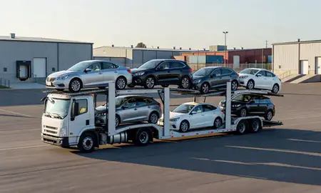 Car transporter loaded with vehicles in Appleton, Wisconsin, United States