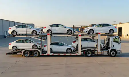 Car transporter parked in an industrial area of Beloit, Wisconsin, United States
