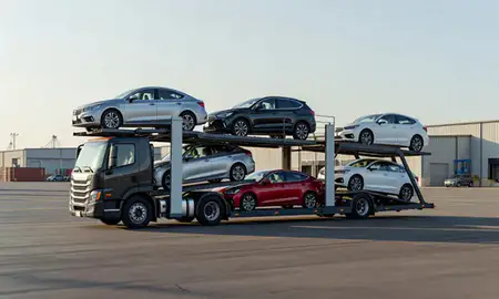 Car transporter loaded with vehicles in Beloit, Wisconsin, United States