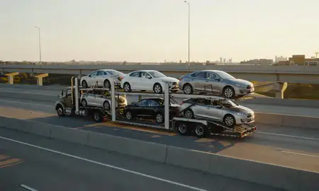Car transporter with the Beloit, Wisconsin, United States skyline behind it