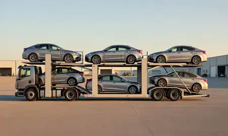 Car transporter parked in an industrial area of Brookfield, Wisconsin, United States