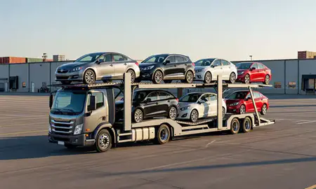 Car transporter loaded with vehicles in Brookfield, Wisconsin, United States