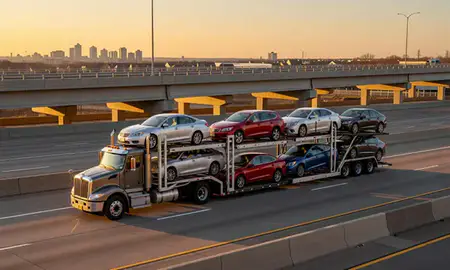 Car transporter with the Brookfield, Wisconsin, United States skyline behind it