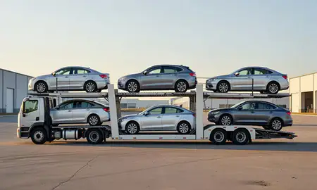 Car transporter parked in an industrial area of Eau Claire, Wisconsin, United States