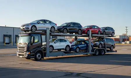 Car transporter loaded with vehicles in Eau Claire, Wisconsin, United States