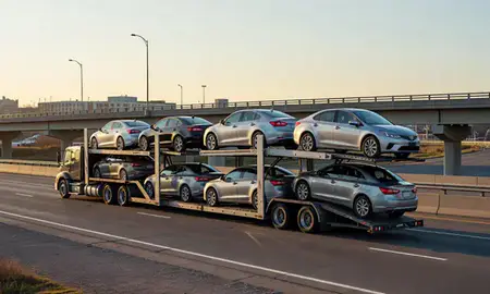Car transporter with the Eau Claire, Wisconsin, United States skyline behind it