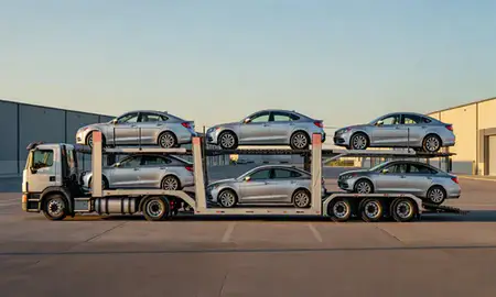 Car transporter parked in an industrial area of Fitchburg, Wisconsin, United States
