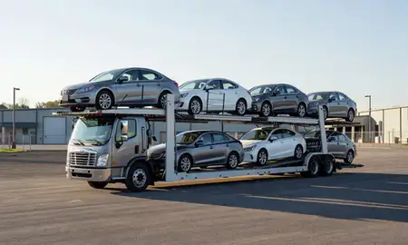 Car transporter loaded with vehicles in Fitchburg, Wisconsin, United States