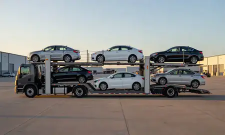 Car transporter parked in an industrial area of Fond du Lac, Wisconsin, United States