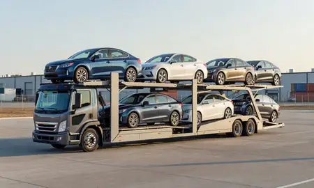 Car transporter loaded with vehicles in Fond du Lac, Wisconsin, United States