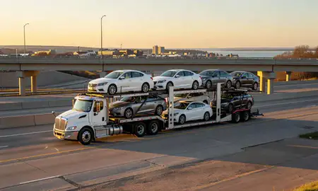 Car transporter with the Fond du Lac, Wisconsin, United States skyline behind it