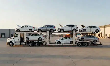 Car transporter parked in an industrial area of Franklin, Wisconsin, United States