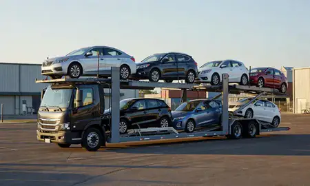 Car transporter loaded with vehicles in Franklin, Wisconsin, United States