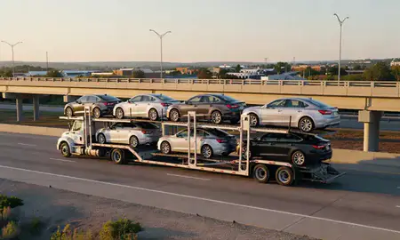 Car transporter with the Franklin, Wisconsin, United States skyline behind it