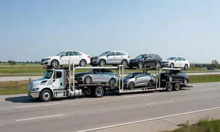 Multi-level car carrier on the highway to Green Bay, Wisconsin, United States