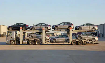 Car transporter parked in an industrial area of Green Bay, Wisconsin, United States