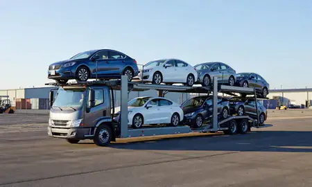 Car transporter loaded with vehicles in Green Bay, Wisconsin, United States