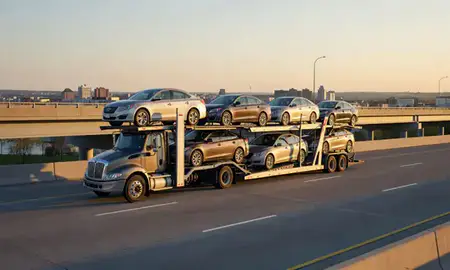 Car transporter with the Green Bay, Wisconsin, United States skyline behind it