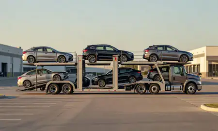 Car transporter parked in an industrial area of Greenfield, Wisconsin, United States