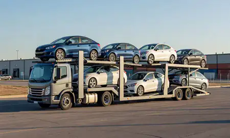 Car transporter loaded with vehicles in Greenfield, Wisconsin, United States