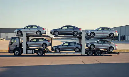 Car transporter parked in an industrial area of Janesville, Wisconsin, United States
