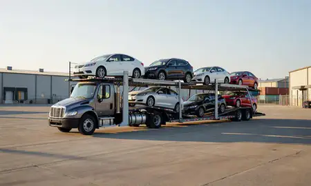 Car transporter loaded with vehicles in Janesville, Wisconsin, United States