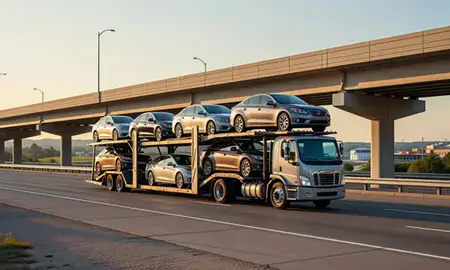 Car transporter with the Janesville, Wisconsin, United States skyline behind it