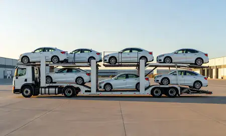 Car transporter parked in an industrial area of Kenosha, Wisconsin, United States