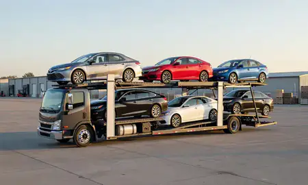 Car transporter loaded with vehicles in Kenosha, Wisconsin, United States