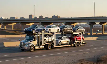Car transporter with the Kenosha, Wisconsin, United States skyline behind it