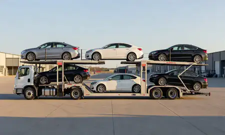 Car transporter parked in an industrial area of La Crosse, Wisconsin, United States