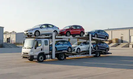Car transporter loaded with vehicles in La Crosse, Wisconsin, United States