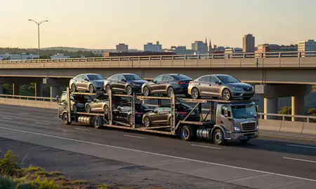 Car transporter with the La Crosse, Wisconsin, United States skyline behind it