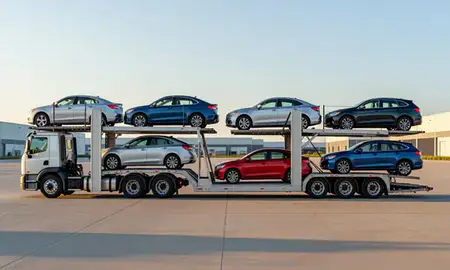 Car transporter parked in an industrial area of Madison, Wisconsin, United States
